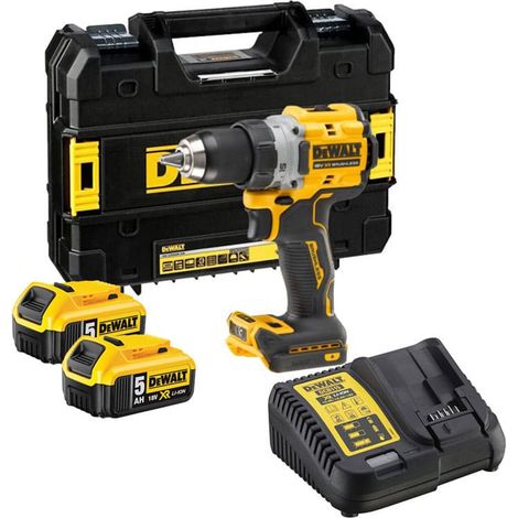 Dewalt – Perceuse visseuse 18V avec 2 batteries 5Ah – Moteur brushless – Couple 90Nm – Mandrin 13mm tout métal – Coffret de transport TSTAK