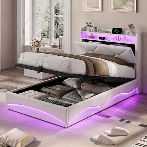 JOOKGBD-Einzelbett 90x200 cm, Polsterbett mit LED und USB, Jugendbett mit Stauraum, Tagesbett mit Lattenrost, Kinderbett Gästebett, Beige