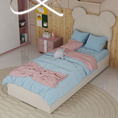 Cama baúl infantil de 90x200 cm con cabecero de dibujos animados, sin colchón, sin fondo, beige (1/5)