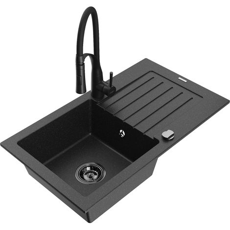 Mexen Pablo 1 Becken-Granitspüle mit Abtropffläche und Mischbatterie Aster, Schwarz/Silbermetallic - 6510-73-73450-70-B (1/5)