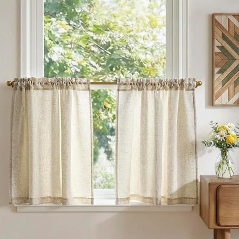 2 Panneaux Rideau Cuisine, 65x115cm, Beige, Lin Polyester, Pour Fenêtre Placard