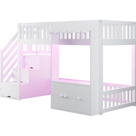 Cama alta 90x200 cm de madera con escalera de almacenaje y LED multicolor, blanca (1/5)