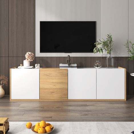 Meuble TV bas, panneau blanc et couleur bois, meuble TV à suspendre au mur ou à poser au sol (1/5)