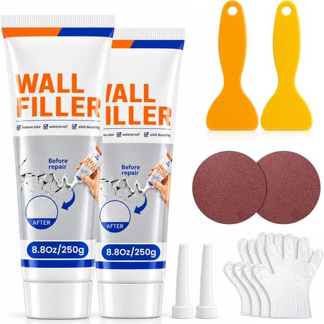 Tube de pâte de réparation murale, kit de réparation de cloison sèche de 500 g pour trous d'ongles, fissures et bosses, mastic blanc avec 1 raclette, 1 papier de verre, 1 rallonge de buse et 2 paires (1/5)