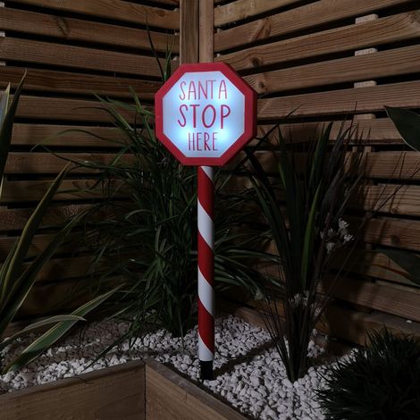 55cm Battery Operated Light up Santa Stop Here LED Christmas Sign (1/5)