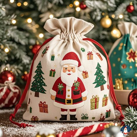 Sacs cadeaux de Noël, sacs cadeaux, sacs en tissu décorés de motifs Père Noël et bonhomme de neige (1/4)