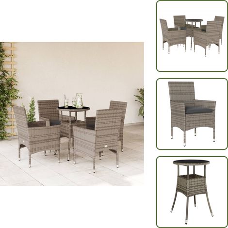 The Living Store 5-tlg. Garten-Essgruppe mit Kissen Grau Poly Rattan und Glas - Gartengruppe - Gartenmöbel - Esstisch - Gartenstühle - Outdoor Möbel