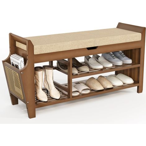Shoe Storage Bench, Bamboo Shoe Bench with Padded Seat, Shoe Storage Cabinet with 3 Compartments, Hidden Storage & Shelf for Entryway, Living Room, Hallway & Bedroom (1/5)