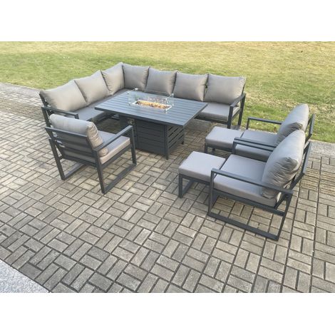 Fimous Aluminium Patio Outdoor Garden Furniture Corner Sofa Set Gas Fire Pit Dining Table with 3 Chairs 2 Small Footstools Dark Grey (1/5)