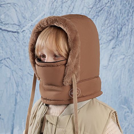 ABYSSE-Cagoule thermique d'hiver (1 pièce) pour enfants de 4 à 10 ans, masque multifonctionnel en polaire pour le ski et le vélo, ajustable et coupe-vent, avec cache-cou intégré, marron. (1/3)