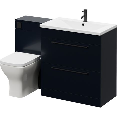 Napoli 460 Deep Blue 1300mm 2 Drawer Vanity Unit Toilet Suite with Glide Basin - 1300mm - Matt Black 480mm HandleWith Kingston Toilet Pan and Seat