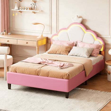 Lit double capitonné 140x200 cm, Tête de lit en couronne avec LED réglable, Lit enfant fille avec sommier à lattes, Tissu en velours, Rose, sans Matelas (1/5)