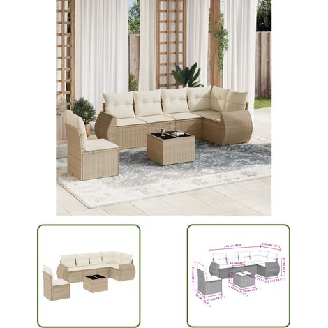 The Living Store 7-tlg. Garten-Sofagarnitur mit Kissen Beige Poly Rattan - Gartenmöbel Set - PE-Rattan Möbel - Outdoor Lounge - Esstisch Set - Balkonmöbel