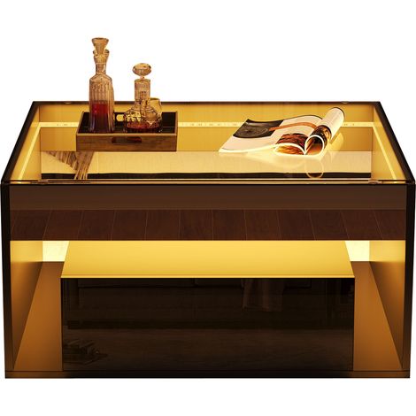 Table basse noire avec LED 70x70 cm, table de salon carrée avec 2 tiroirs et plateau en verre trempé, design moderne (1/5)