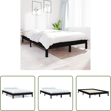 vidaXL Cadre de lit bois massif - Cadre de lit sans matelas noir 160x200 cm bois massif (1/5)