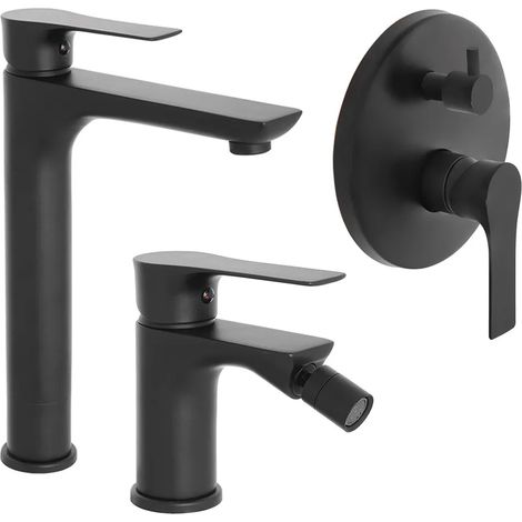 Set miscelatori lavabo alto bidet e doccia con deviatore Flat nero opaco