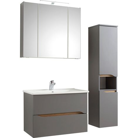 Badmöbel Set QENA-66 in Quarzgrau Matt Touch mit Riviera Eiche quer Nb., B/H/T: ca. 110/200/45 cm (1/5)