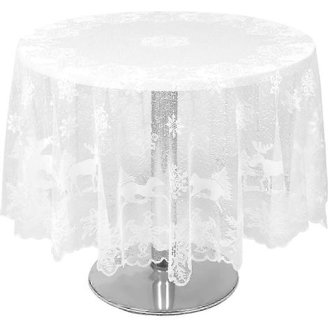 Runde Tischdecke mit Weihnachtsschneeflocken- und Elchmuster, weihnachtliche Tischdecke – Gut-178x178cm-White (1/3)