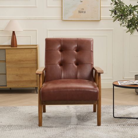 Poltrona in pelle marrone 64x80x83 cm con braccioli in legno, stile scandinavo FloraGrace (1/5)