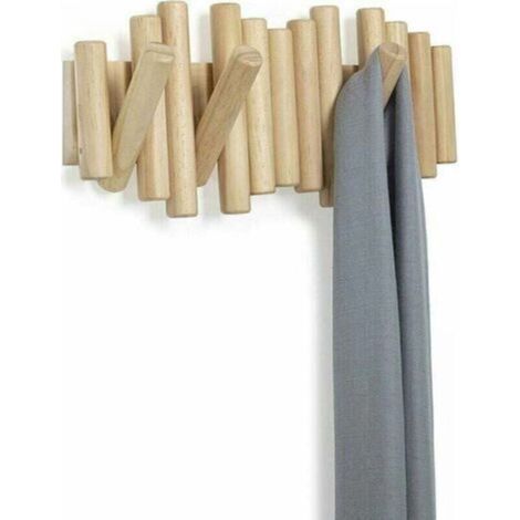 Porte Manteau Mural Bois, Patere Murale, 100% Naturel de Haute Qualité, 5 Crochets Retractables, Design Innovant -37,1x16,5x4,4 cm (1/5)