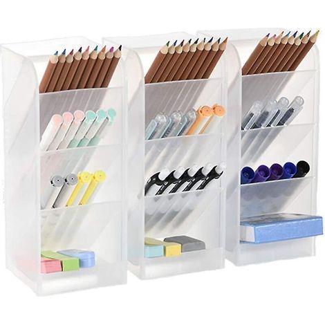 Organiseur de bureau 3 pièces - Rangement pour stylos pour le bureau, l'école et la maison, porte-stylos blanc translucide, grande capacité, lot de 3, 12 C (1/5)