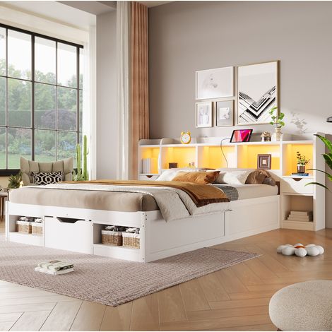 Plattformbett 140x200 cm Weiß MDF mit LED und Stauraum, ohne Matratze – MEUBLIV (1/5)