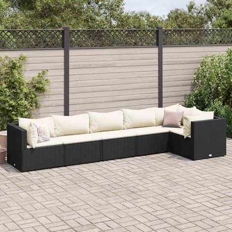 6-tlg. Garten-Lounge-Set mit Kissen Schwarz Poly Rattan