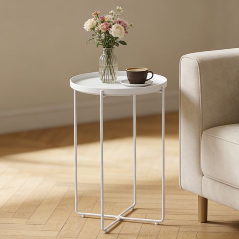 doporro Mesa Auxiliar Plegable Redonda 37 cm, Mesa de Centro con Bandeja Extraíble, Mesita de Noche Ligera sin Montaje, Metal y Plástico PP, Blanco, 1 Nivel, Reglo-08 (1/5)