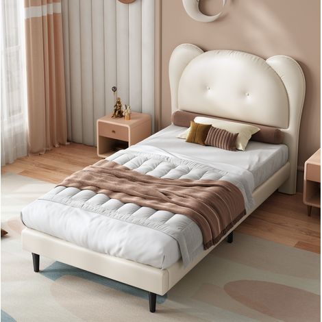 Lit enfant rembourré style animal 90x200 cm en PU beige avec tête de lit décorative et sommier à lattes (1/5)