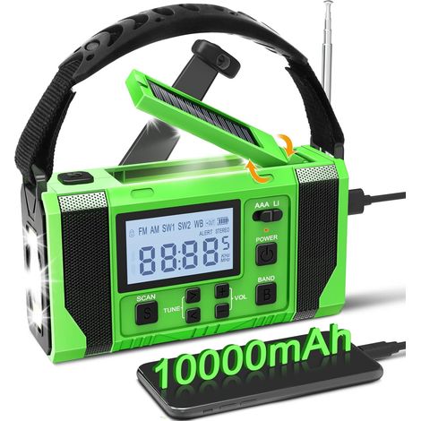 ZOLGINAH Radio de emergencia de 10000 mAh, radio de manivela, radio solar/manivela AM/FM/SW/WB cargador de batería, linterna LED, alarma SOS para senderismo (1/5)