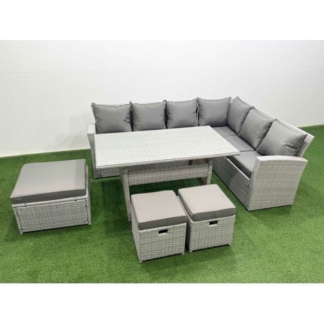 Fimous Rattan Garden Furniture Set Outdoor 9 Seater Patio Dining Corner Sofa Sets with Dining Table 3 Footstools Light Grey Mixed (1/4)