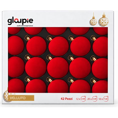 GLOUPIE Box 42 Palline Per Albero Di Natale In Velluto Rosso ,Infrangibili,3 Misure Ø 7, 6, 5 cm (1/5)