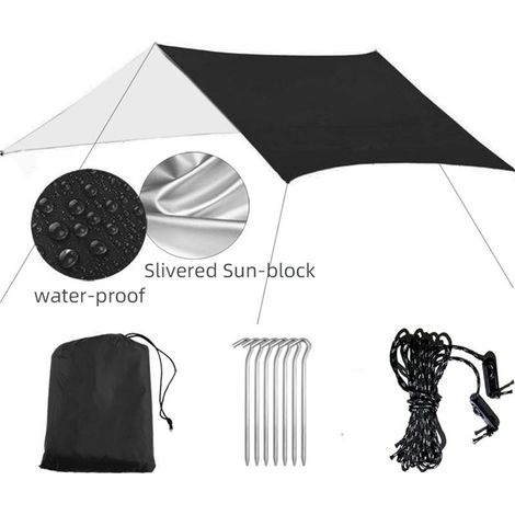 Tente d'abri solaire imperméable 3 m x 3 m, bâche anti-UV, tente de plage, ombrage, hamac de camping en plein air, pare-pluie, auvent de camping, haubans et piquets inclus pour la randonnée, le sac à (1/5)
