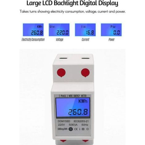 Compteur d'Énergie Monophasé 220V 50Hz, Compteur KWh avec Afficheur Numérique LCD (1/4)