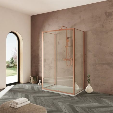 Cabine de douche à trois côtés 70 x 150 x 70 cm avec porte coulissante profilés en cuivre brossé verre transparent anti calcaire de 6 mm (1/4)