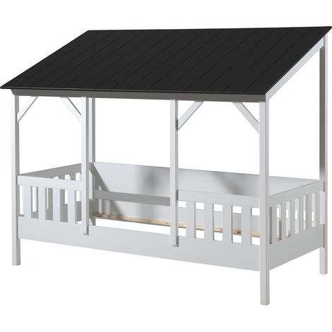 Lit cabane MILA 90x200 – Pin massif blanc & toit noir sans sommier-