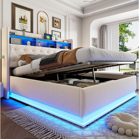 Letto a cassone adulti 180x200 cm con illuminazione LED, porta USB-Type-C, vano comodino, senza materasso, beige (1/5)