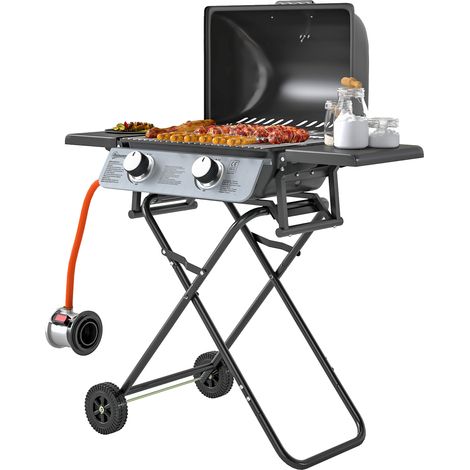 Barbecue à gaz 2 brûleurs, 5,6 kW, couvercle, thermomètre, tablettes latérales et 2 roues, 101 x 50 x 102 cm, noir (1/5)