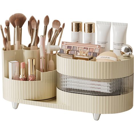 Organisateur de Maquillage, Organisateur Maquillage Rotatif 360 Degrés, Rangement cosmétique Multifonctionnel pour Chambre, Coiffeuse - Blanc Crème