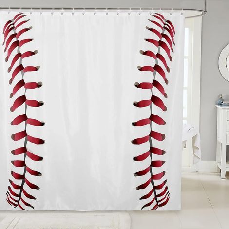 Ensemble rideau de douche à motif lacets de chaussures de baseball – coutures rouges, 72 pouces x 84 pouces, parfait pour une salle de bain sportive. (1/5)