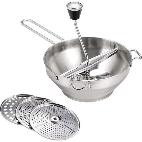 Manuelle Gemüsepresse aus Edelstahl, Gemüsemühle, Kartoffelmühle zum Pürieren von Gemüse, Obst und Suppen, mit 3 verschiedenen Sieben, Sieb und Zitruspresse (1/5)