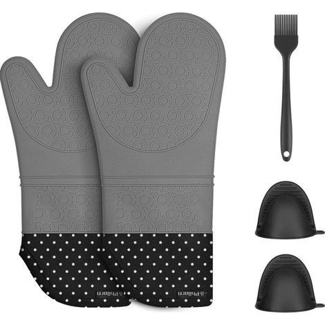 TAISHENGDA-Gants de Cuisine Résistant 230 °C Gants de Four Gants en Silicone Gants Résistants à la Chaleur et Etanches pour Le Four (Gris avec Point)