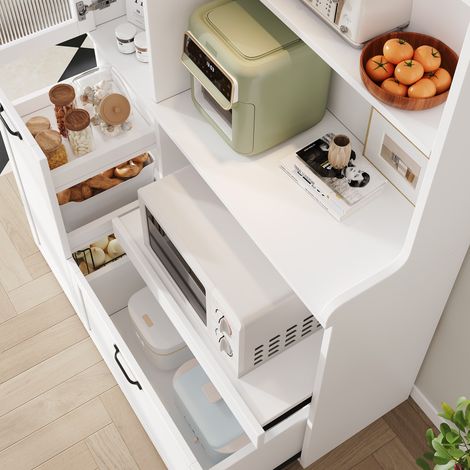 Haute-planche modulable avec étagères escamotables et verre à damier. Idéal pour salle à manger,salon et cuisine,finition blanc.