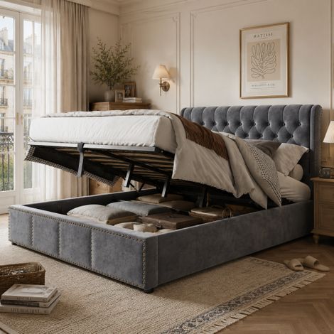 Cama tapizada con palanca hidráulica, cama funcional con espacio de almacenamiento, decoración con tachuelas, 140 x 200 cm, sin colchón, terciopelo, gris. (1/5)