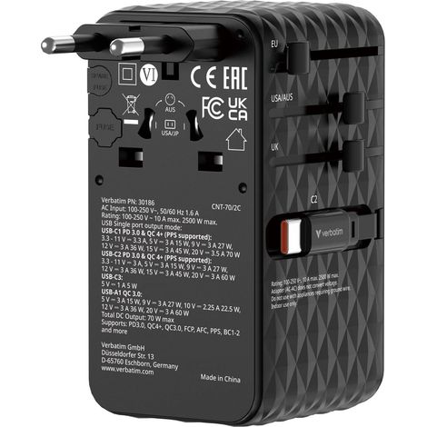 VERBATIM CHARGE N TRAVEL 70W 2C RETRACTABLE UNIVERSAL TRAVEL ADAPTER BLACK