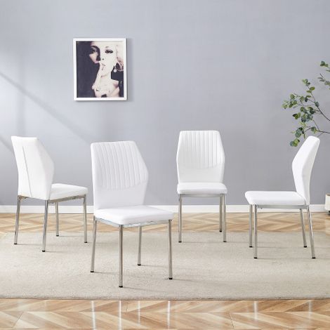[4er-Set] Schicke Esszimmerstühle im Leicht-Luxus-Stil: Weiße PU-Rückenlehne mit senkrechter Prägung + metallene Silberbeine. Passend für Esszimmer oder Wohnzimmer im Leicht-Luxus-Design.