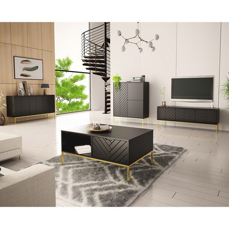 Wohnzimmer Set 4-teilig modern in schwarz matt mit gefrästen Fronten ANGERA-140 (1/5)