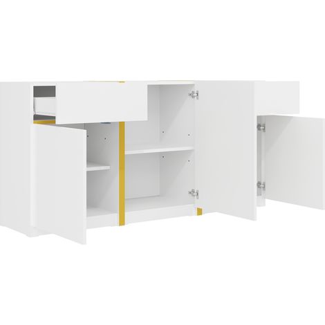 Meuble de style luxueux, avec une finition en matériau brillant. C’est un meuble moderne, doté de trois portes et deux tiroirs. C’est un meuble minimaliste. (1/5)