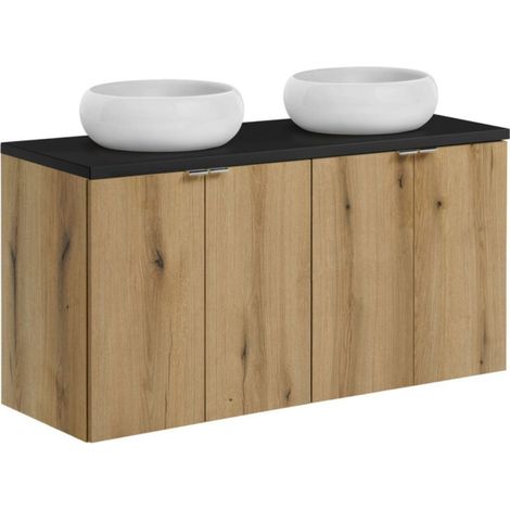 Set VANO effetto quercia e nero 120cm: mobile sottolavabo con ante + piano per lavabo + lavabi da appoggio rotondi bianchi