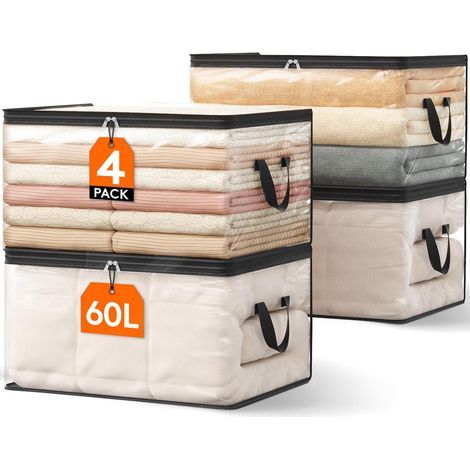 Lot de 4 sacs de rangement transparents 60 L avec poignées pour vêtements, couvertures, jouets et livres (1/5)